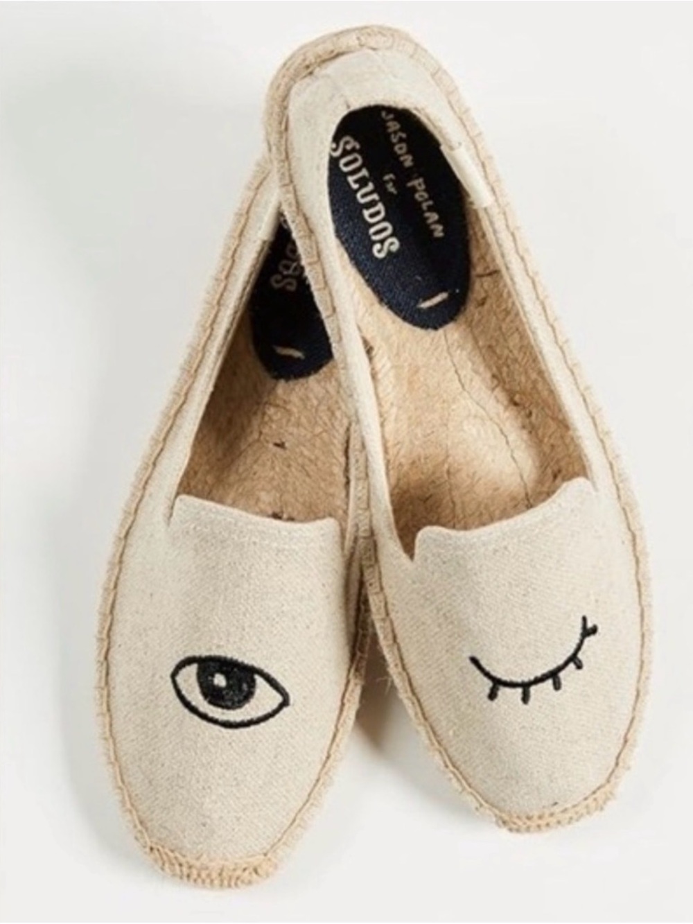 Soludos Cream Canvas Espadrille Slip-Ons with Eye Embroidery